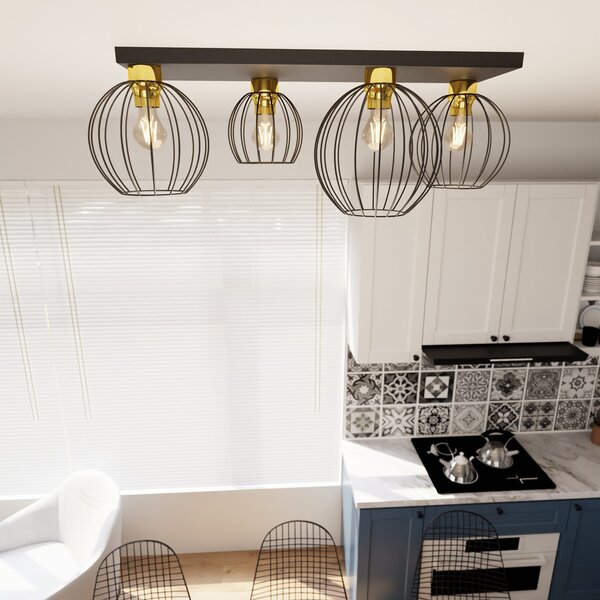 Plafoniera Minimal Industrial Orion 4 Luci Lineari Nera E Oro