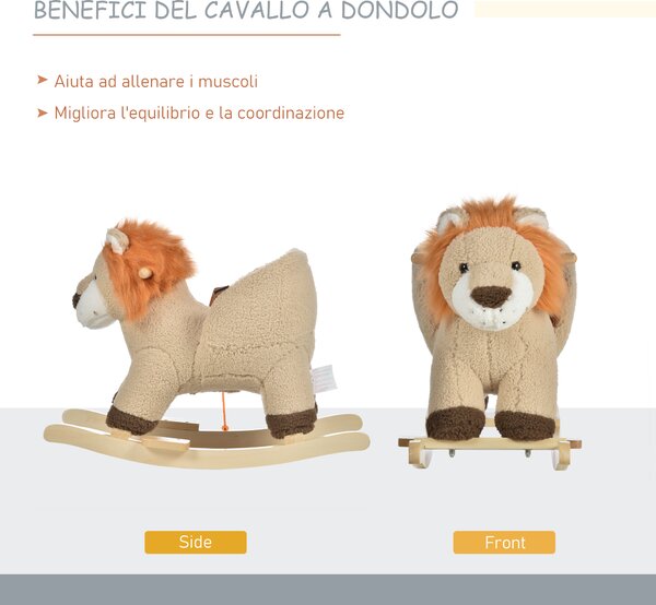 HOMCOM Cavallo a dondolo stile leone seduta imbottita con suono per bambini 18-36 mesi marrone Max.carico 40kg|Aosom