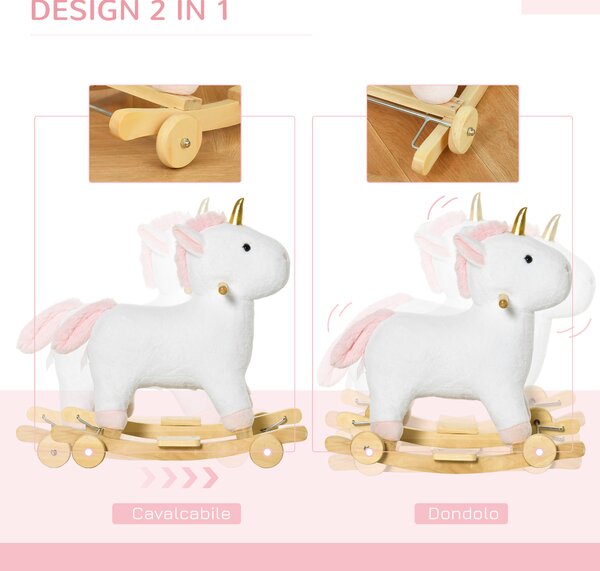 HOMCOM Cavallo a Dondolo a Unicorno con Base Curva e Ruote, Suoni Integrati e Rivestimento Peluche, 63x38x63cm, Bianco | Aosom