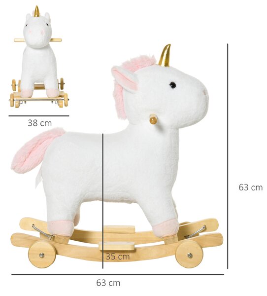 HOMCOM Cavallo a Dondolo a Unicorno con Base Curva e Ruote, Suoni Integrati e Rivestimento Peluche, 63x38x63cm, Bianco | Aosom
