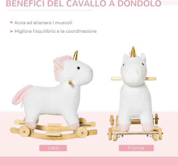 HOMCOM Cavallo a Dondolo a Unicorno con Base Curva e Ruote, Suoni Integrati e Rivestimento Peluche, 63x38x63cm, Bianco | Aosom