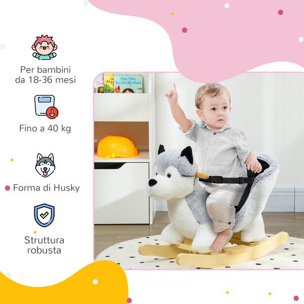 HOMCOM Cavallo a Dondolo morbido con pedali e Suoni, cintura di sicurezza inclusa, Husky Peluche Grigio per Bambini 18-36 Mesi, 60x33x50cm|Aosom italy