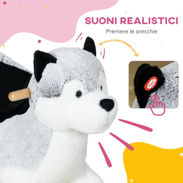 HOMCOM Cavallo a Dondolo morbido con pedali e Suoni, cintura di sicurezza inclusa, Husky Peluche Grigio per Bambini 18-36 Mesi, 60x33x50cm|Aosom italy