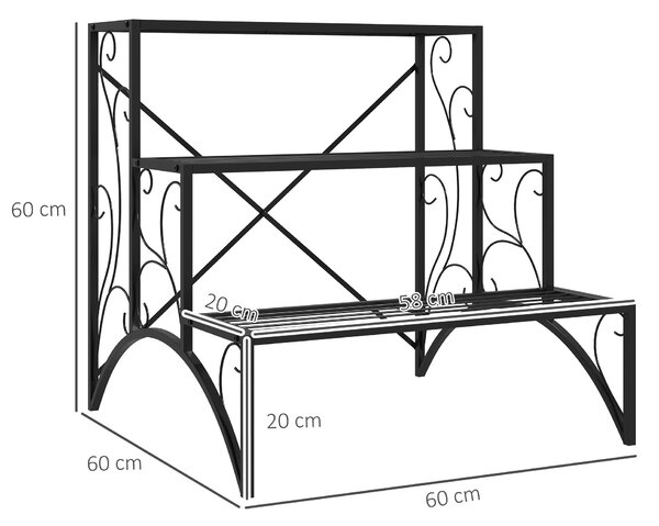 Outsunny Scaffale Porta Piante a 3 Livelli a Scaletta per Interno ed Esterno in Metallo, 60x60x60 cm, Nero