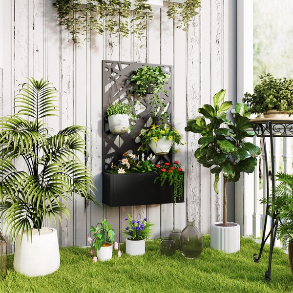 Outsunny Fioriera Rialzata con Spalliera Decorativa per Rampicanti da Terra e Parete, 61x23x113 cm, Nero