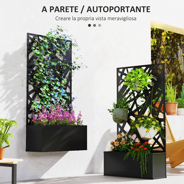 Outsunny Fioriera Rialzata con Spalliera Decorativa per Rampicanti da Terra e Parete, 61x23x113 cm, Nero