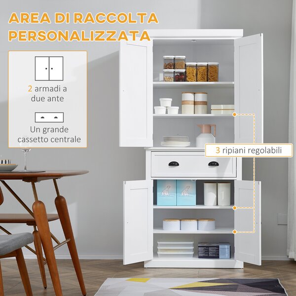 HOMCOM Mobile Cucina con Armadietto Superiore e Inferiore e Cassetto Centrale in MDF, Truciolato e Metallo, 76x40.5x184cm, Bianco|Aosom