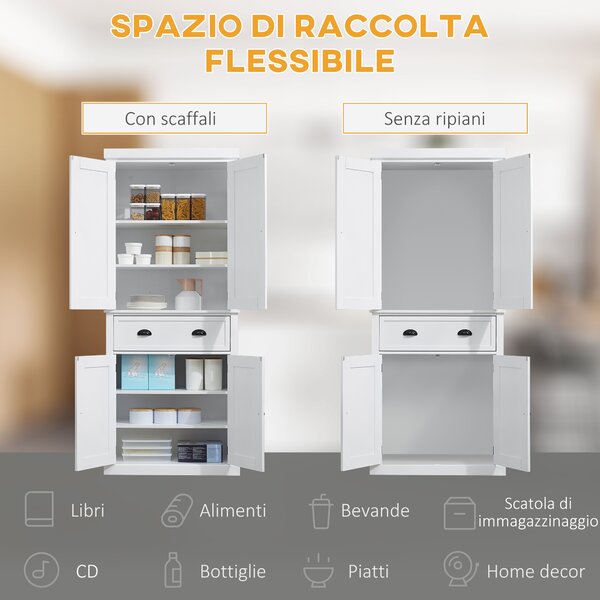 HOMCOM Mobile Cucina con Armadietto Superiore e Inferiore e Cassetto Centrale in MDF, Truciolato e Metallo, 76x40.5x184cm, Bianco|Aosom