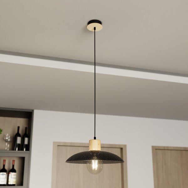 Sospensione Nordica Ramachandra 1 Luce In Legno E Acciaio Nero