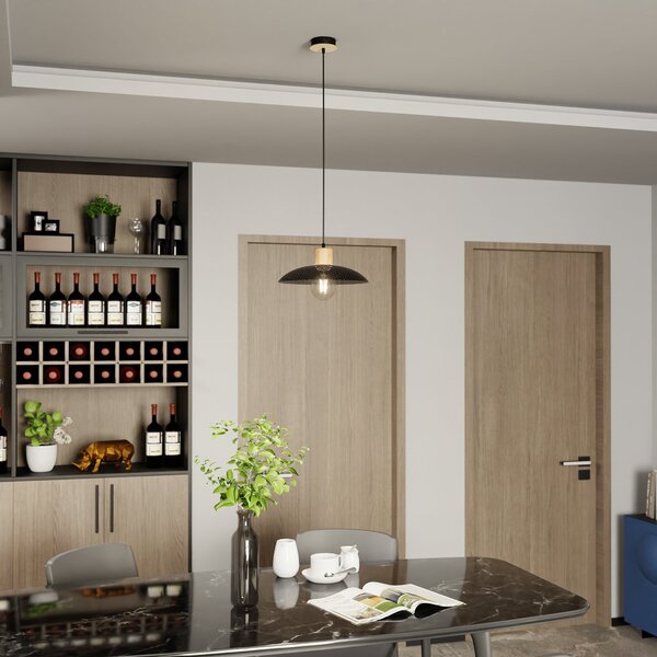 Sospensione Nordica Ramachandra 1 Luce In Legno E Acciaio Nero