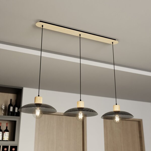 Sospensione Nordica Ramachandra 3 Luci In Legno E Acciaio Nero