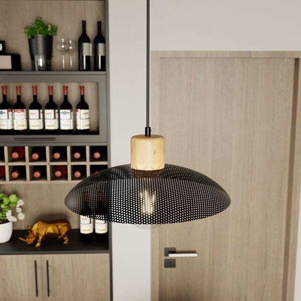 Sospensione Nordica Ramachandra 1 Luce In Legno E Acciaio Nero