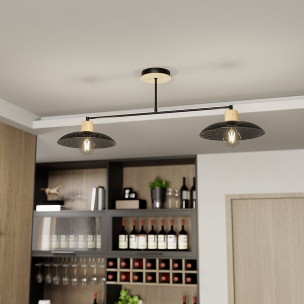 Plafoniera Nordica Ramachandra 2 Luci In Legno E Acciaio Nero