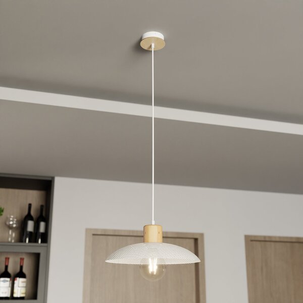 Sospensione Nordica Ramachandra 1 Luce In Legno E Acciaio Bianco