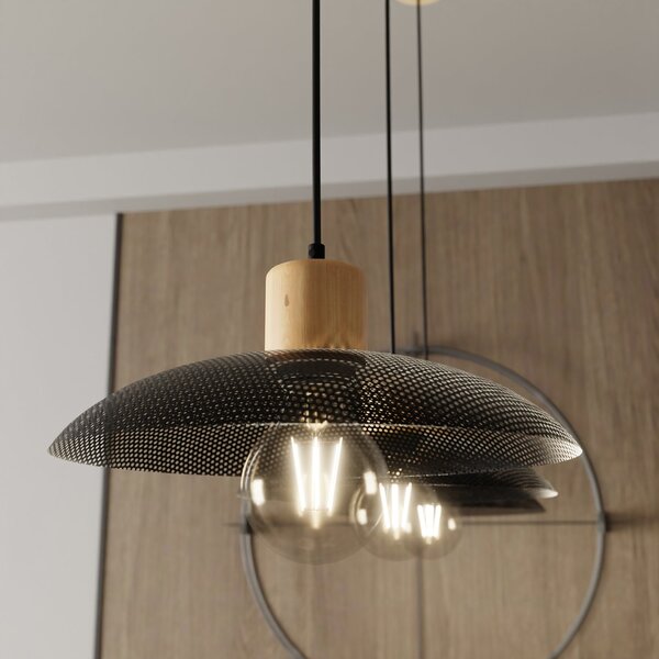 Sospensione Nordica Ramachandra 3 Luci In Legno E Acciaio Nero
