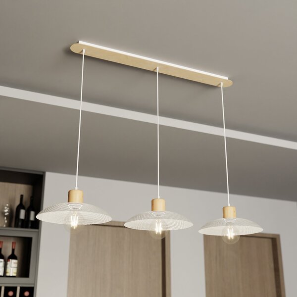 Sospensione Nordica Siri 3 Luci In Legno E Acciaio Bianco