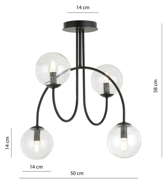 Plafoniera Moderna Sharada 4 Luci Acciaio Nero E Vetro Trasparente 50 Cm