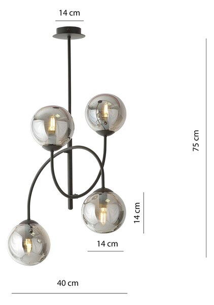 Plafoniera Moderna Sharada 4 Luci In Acciaio Nero E Vetro Fumè