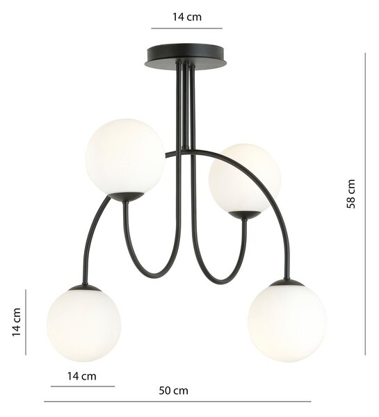 Plafoniera Moderna Sharada 4 Luci In Acciaio Nero E Vetro Bianco 50 Cm