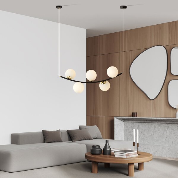 Sospensione Contemporanea Takehaya 5 Luci In Acciaio Nero E Vetro Bianco