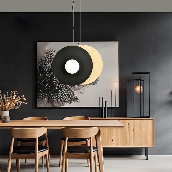 Sospensione Minimal Nordica Raiden 2 Luci Acciaio Nero Legno Vetro Bianco