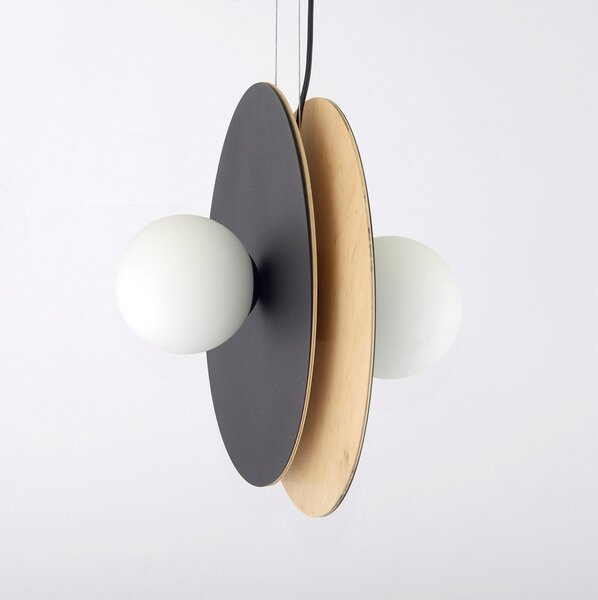Sospensione Minimal Nordica Michizane 4 Luci Acciaio Nero E Legno Vetro Bianco