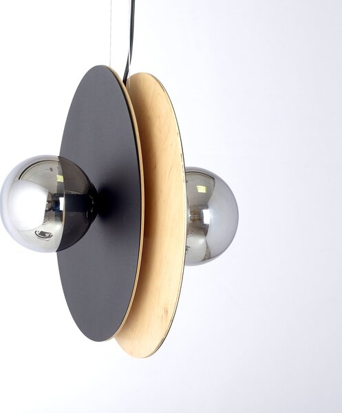 Sospensione Minimal Nordica Takehaya 2 Luci Acciaio Nero E Legno Vetro Fumè
