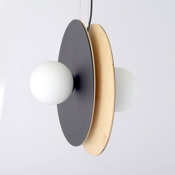 Sospensione Minimal Nordica Michizane 4 Luci Acciaio Nero E Legno Vetro Bianco