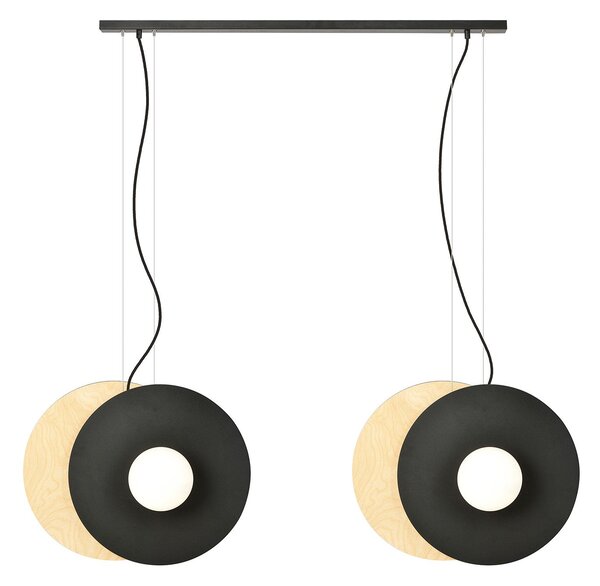 Sospensione Minimal Nordica Michizane 4 Luci Acciaio Nero E Legno Vetro Bianco