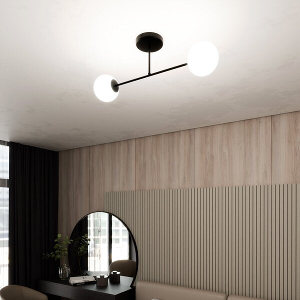 Plafoniera Moderna Hsi Wang Mu 2 Luci In Acciao Nero E Sfere In Vetro Bianco