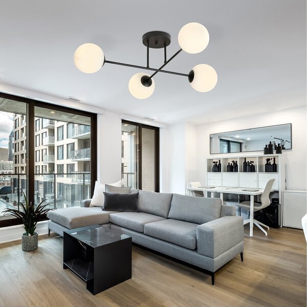 Plafoniera Moderna Hsi Wang Mu 4 Luci In Acciao Nero E Sfere In Vetro Bianco