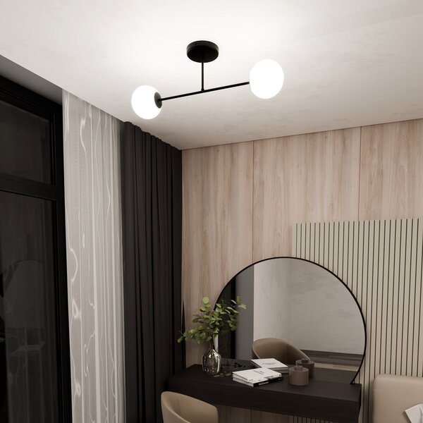 Plafoniera Moderna Hsi Wang Mu 2 Luci In Acciao Nero E Sfere In Vetro Bianco