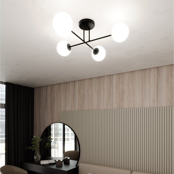 Plafoniera Moderna Hsi Wang Mu 4 Luci In Acciao Nero E Sfere In Vetro Bianco