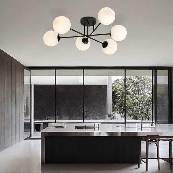 Plafoniera Moderna Hsi Wang Mu 6 Luci In Acciao Nero E Sfere In Vetro Bianco