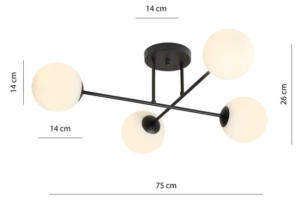 Plafoniera Moderna Hsi Wang Mu 4 Luci In Acciao Nero E Sfere In Vetro Bianco