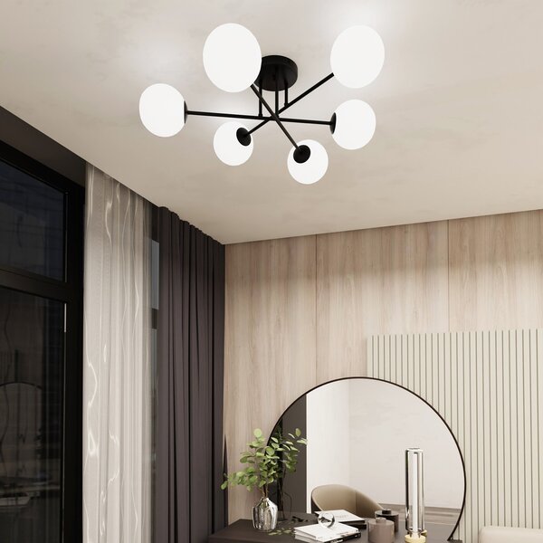 Plafoniera Moderna Hsi Wang Mu 6 Luci In Acciao Nero E Sfere In Vetro Bianco
