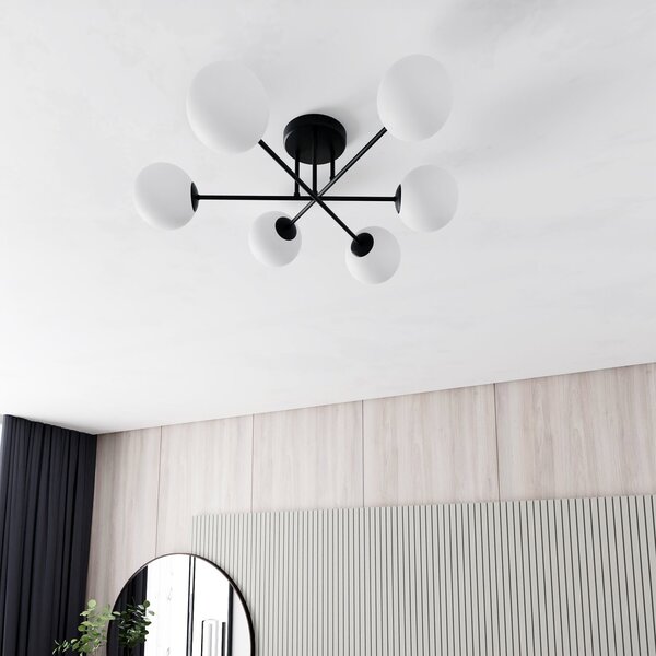 Plafoniera Moderna Hsi Wang Mu 6 Luci In Acciao Nero E Sfere In Vetro Bianco