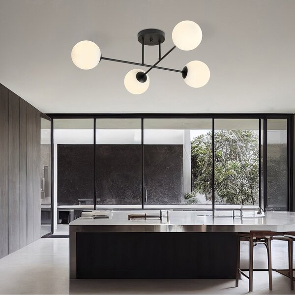 Plafoniera Moderna Hsi Wang Mu 4 Luci In Acciao Nero E Sfere In Vetro Bianco