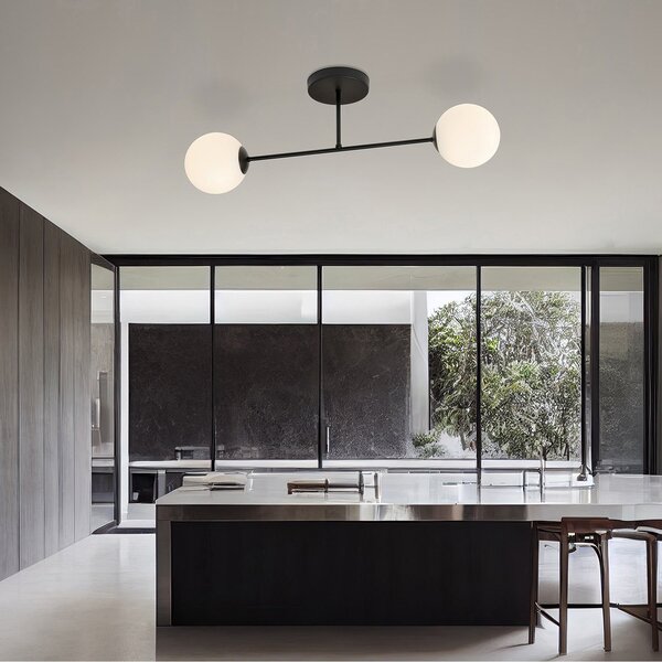 Plafoniera Moderna Hsi Wang Mu 2 Luci In Acciao Nero E Sfere In Vetro Bianco