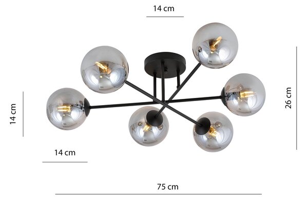 Plafoniera Moderna Hsi Wang Mu 6 Luci In Acciao Nero E Sfere In Vetro Fumè