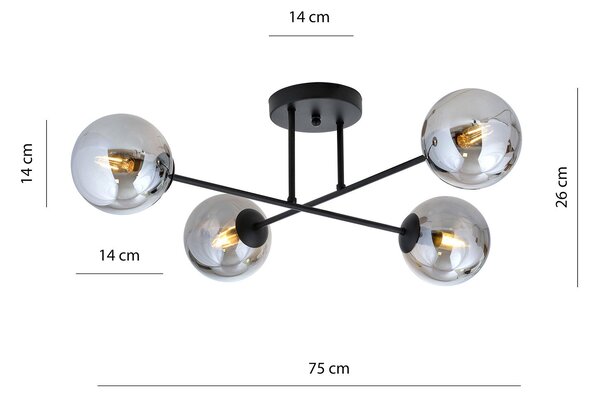 Plafoniera Moderna Hsi Wang Mu 4 Luci In Acciao Nero E Sfere In Vetro Fumè