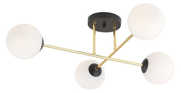 Plafoniera Moderna Magnium 4 Luci In Acciao Nero Oro Sfere In Vetro Bianco