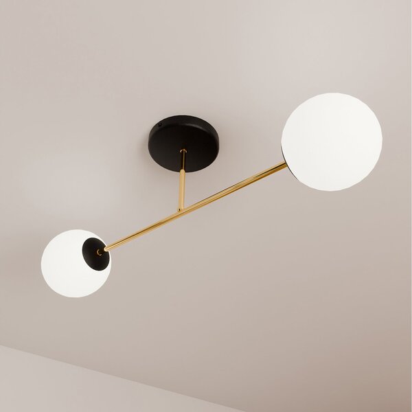 Plafoniera Moderna Magnium 2 Luci In Acciao Nero Oro Sfere In Vetro Bianco