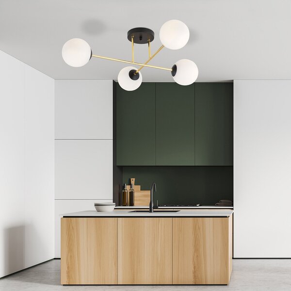 Plafoniera Moderna Magnium 4 Luci In Acciao Nero Oro Sfere In Vetro Bianco