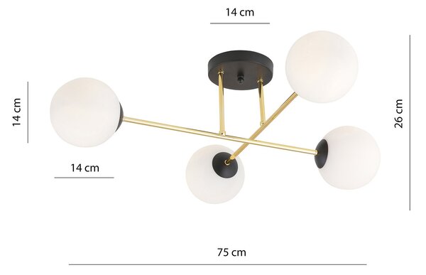 Plafoniera Moderna Magnium 4 Luci In Acciao Nero Oro Sfere In Vetro Bianco