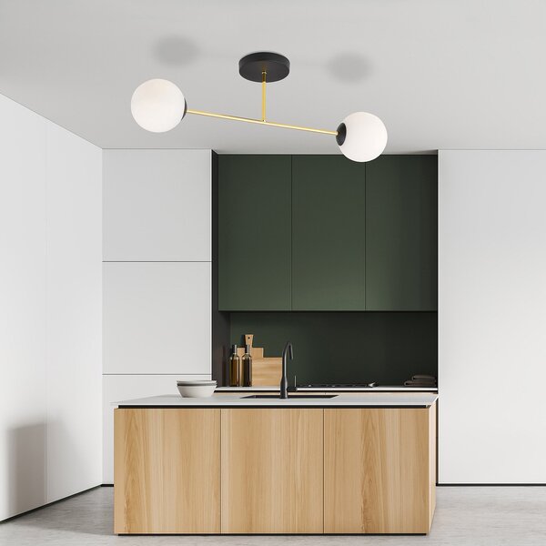 Plafoniera Moderna Magnium 2 Luci In Acciao Nero Oro Sfere In Vetro Bianco