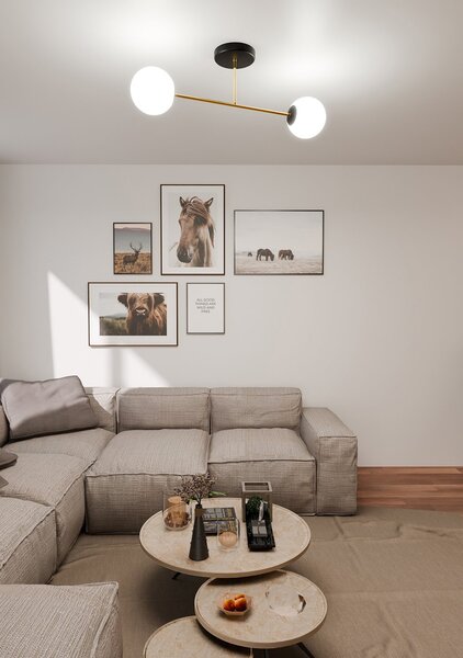 Plafoniera Moderna Magnium 2 Luci In Acciao Nero Oro Sfere In Vetro Bianco