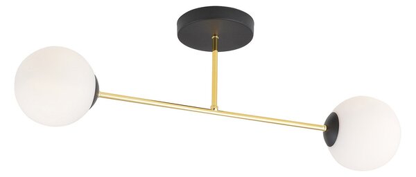 Plafoniera Moderna Magnium 2 Luci In Acciao Nero Oro Sfere In Vetro Bianco