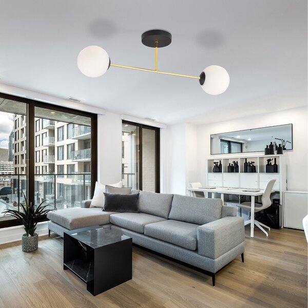 Plafoniera Moderna Magnium 2 Luci In Acciao Nero Oro Sfere In Vetro Bianco