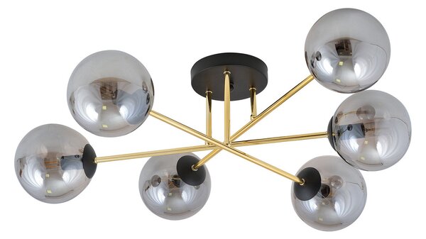 Plafoniera Moderna Magnium 6 Luci In Acciao Oro E Sfere In Vetro Fumè